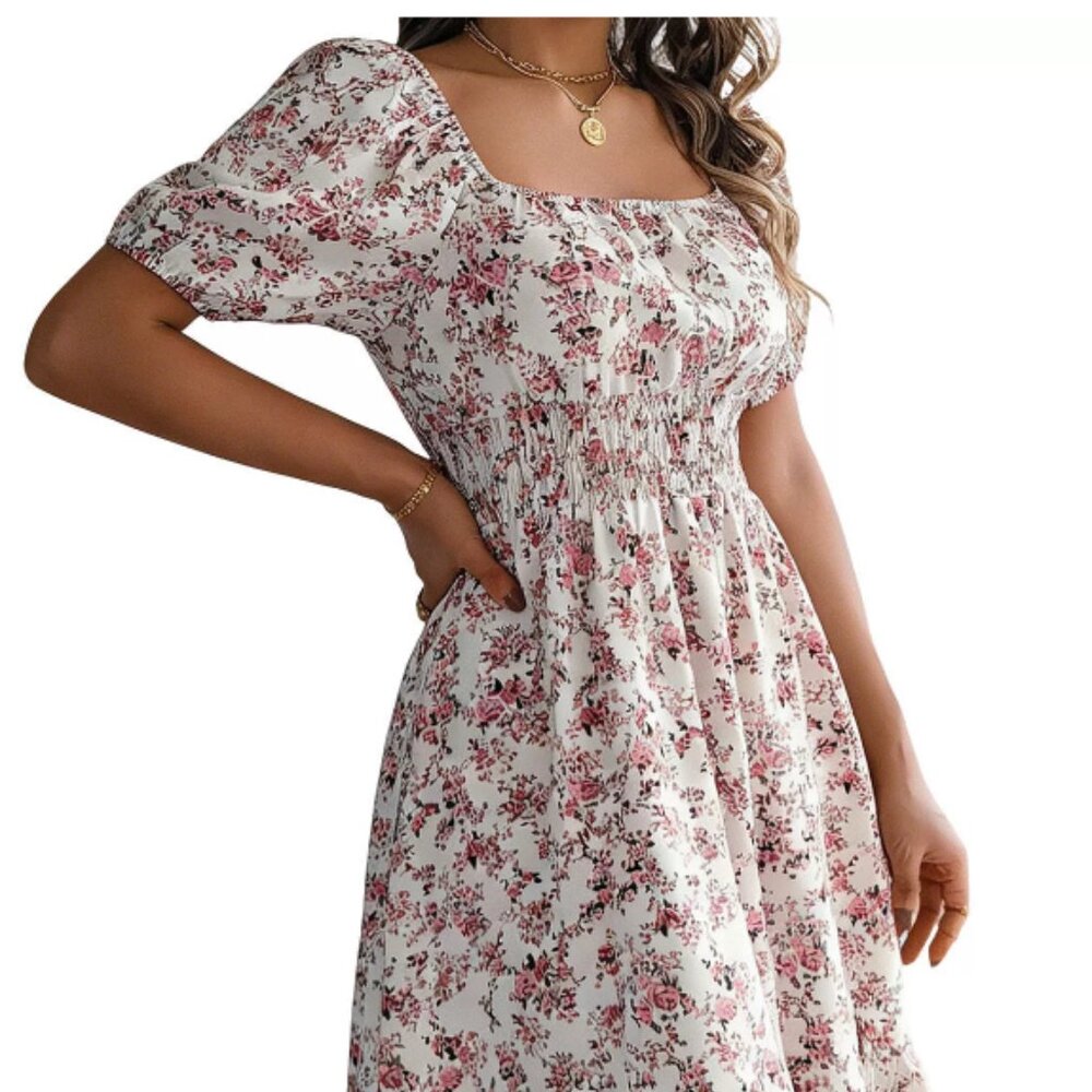 Women's Floral Midi Dress Summer Square Neck Puff Sleeve Smocked Dress